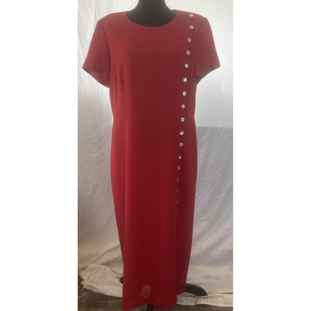 Vintage 90’s Donna Ricco dress Sz 16 Shell Buttons Red Woven Maxi sheath dress